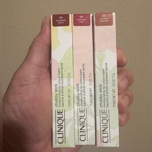 Clinique Chubby Stick Moisturizing Lip Balm Trio - Berry, Rose, Caramel New .